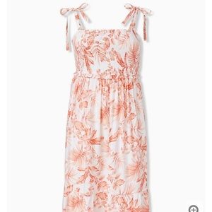 Torrid Plus WHITE & CORAL FLORAL TIE SMOCKED DRESS